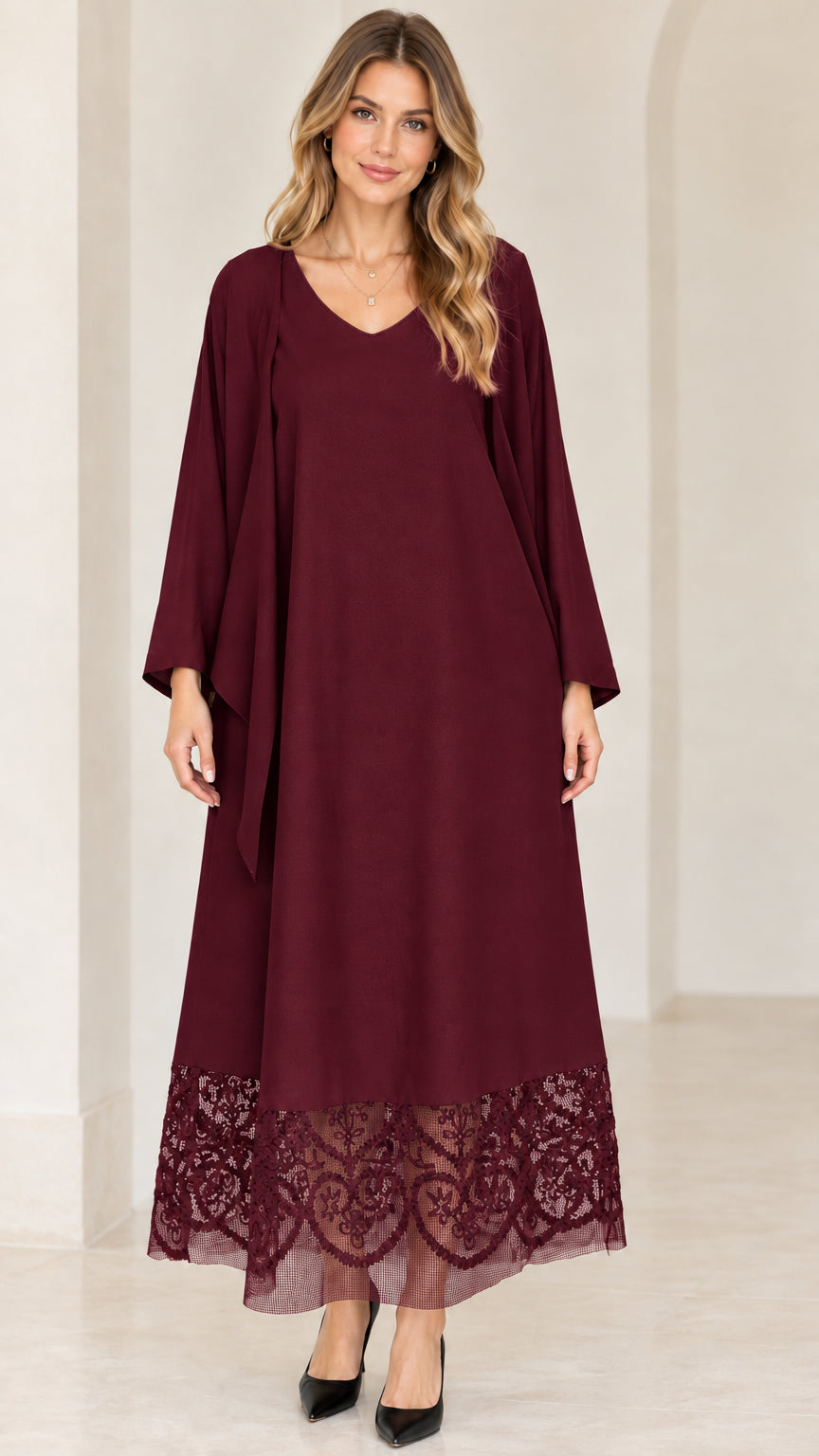 Burgundy wine red maxi dress set with matching lace hem detail
