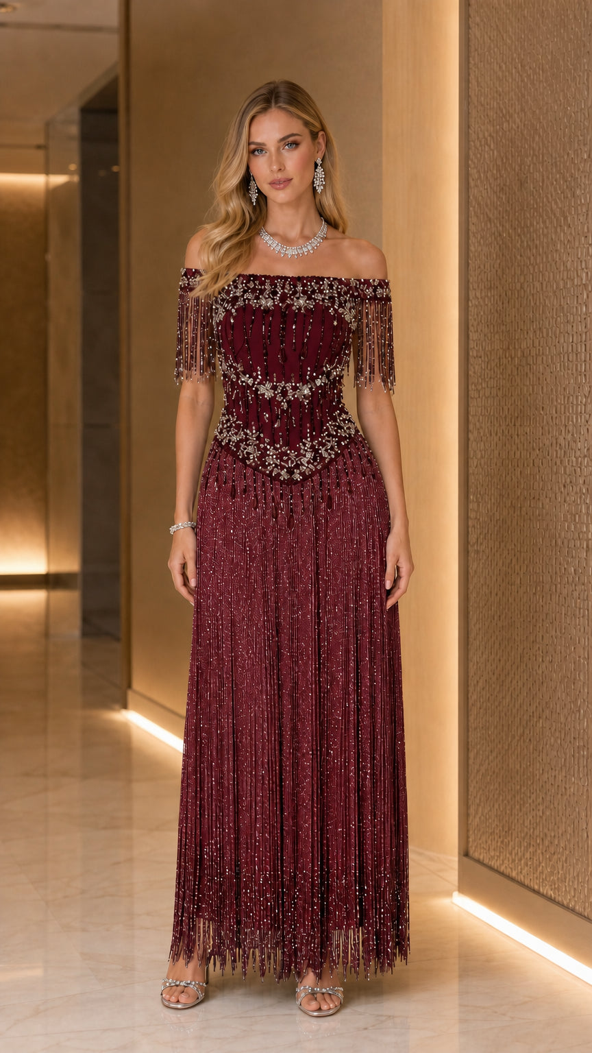 Model wearing Burgundy wine off-the-shoulder beaded fringe maxi dress