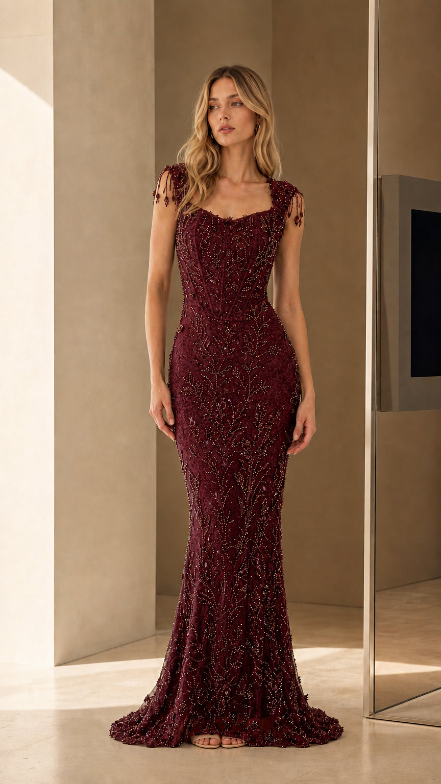 Model wearing Burgundy beaded evening gown