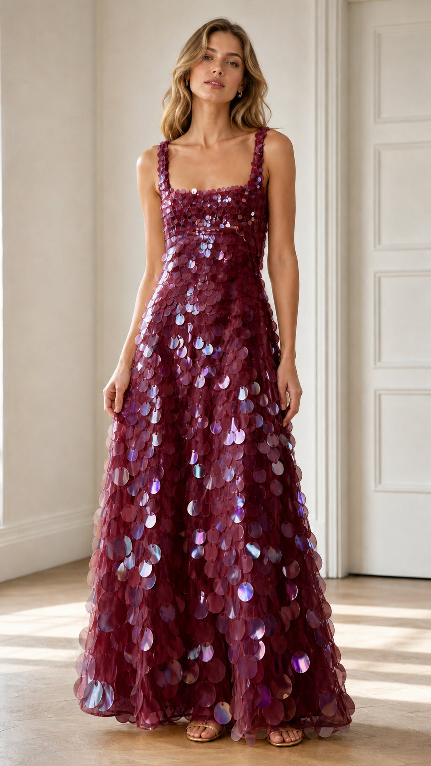 Full-length front view of burgundy wine red paillette sequin gala gown