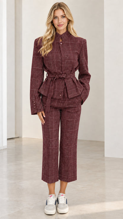 Full front view of Burgundy wine red plaid belted blazer and pant set