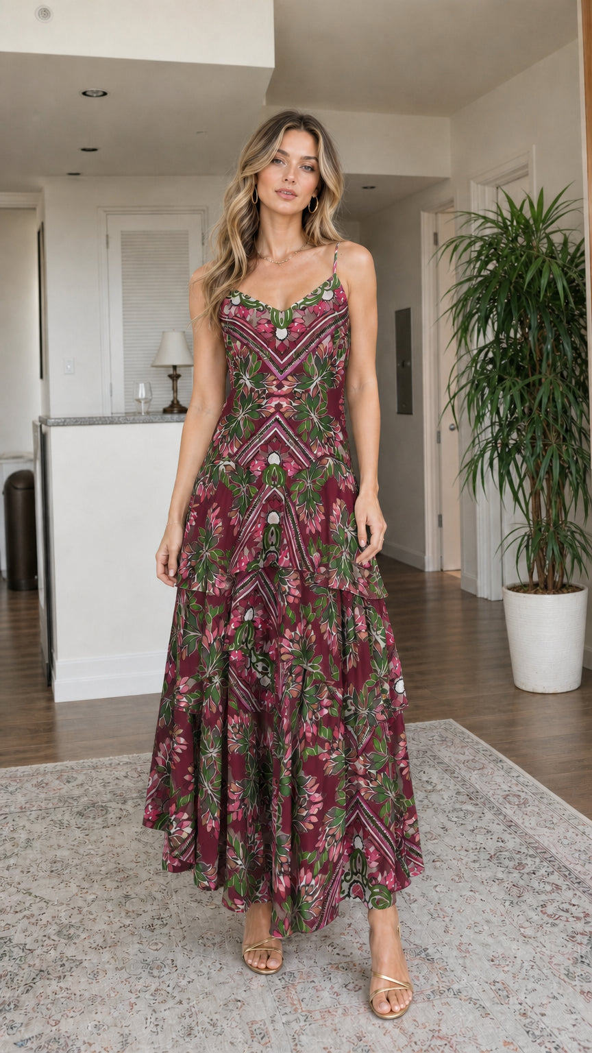 Woman wearing burgundy multi floral tiered spaghetti strap maxi dress