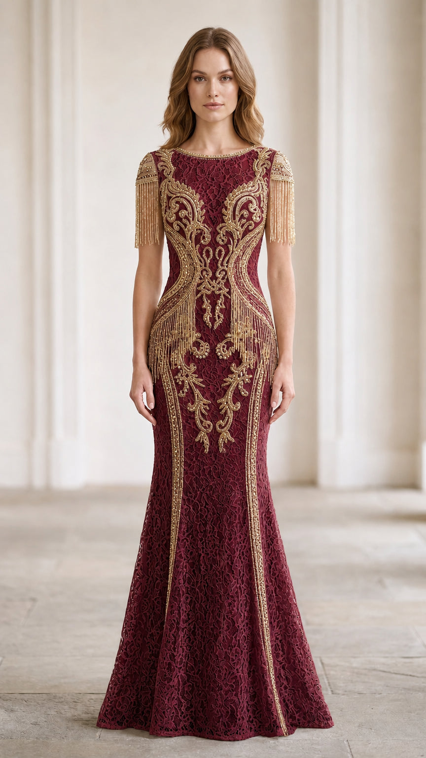 Front view of rich burgundy lace mermaid gown with gold sequined scrollwork and beaded sleeve fringe