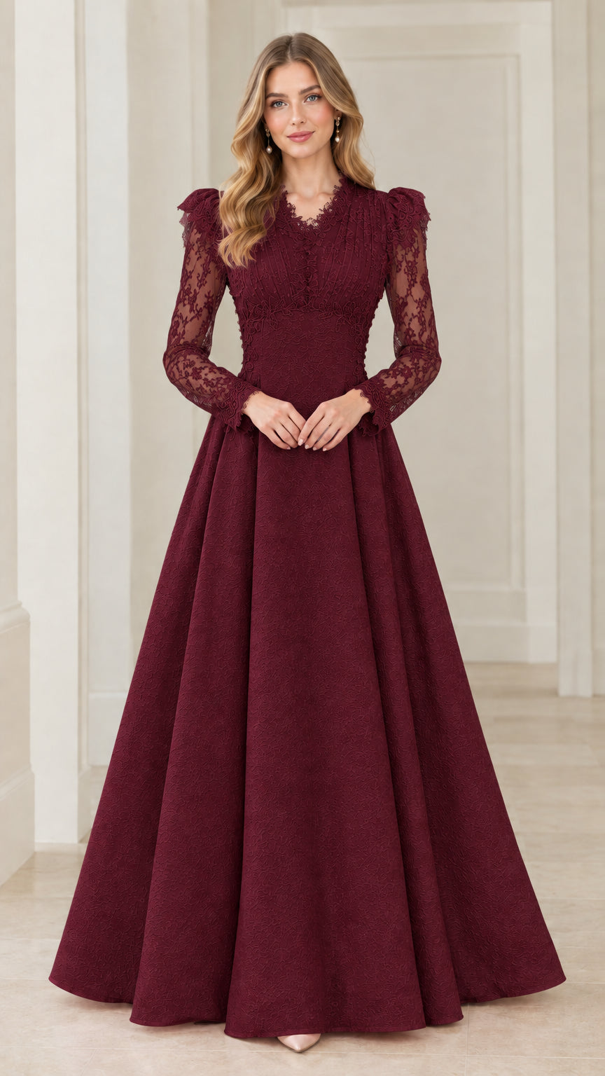 Front view of full-length Burgundy lace long sleeve evening gown