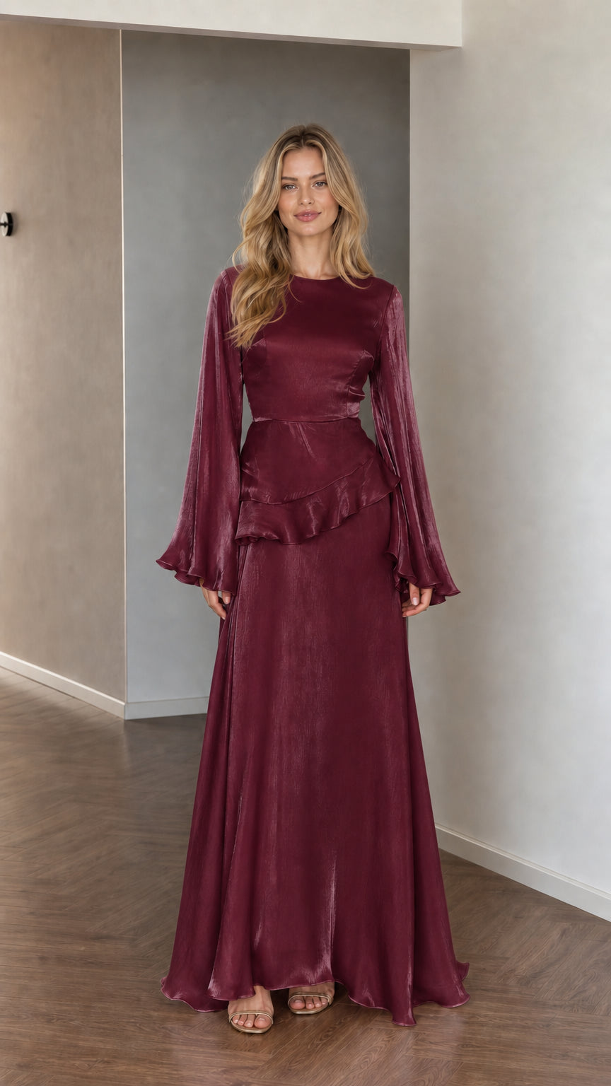 Front view of model wearing burgundy satin long sleeve maxi dress