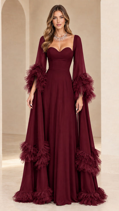 Burgundy wine red sweetheart neckline formal evening gown with ruffled sleeves
