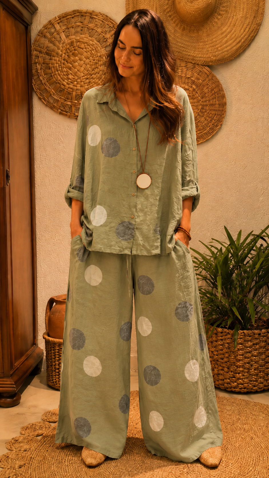 Sage green polka dot relaxed matching set with oversized shirt and flowing pants