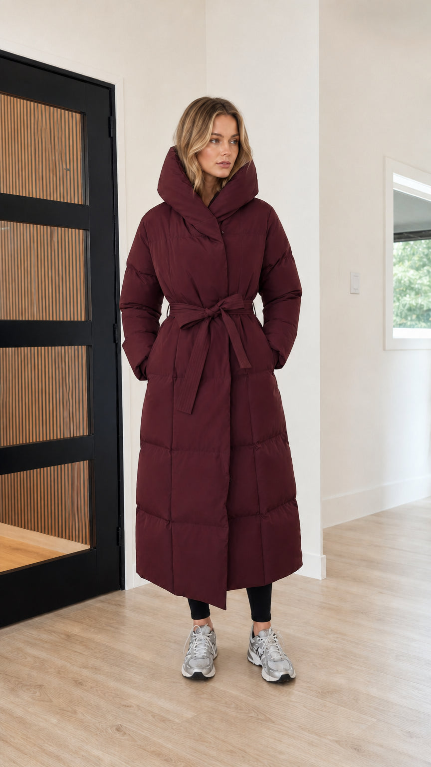 Women's belted long quilted winter parka in deep burgundy