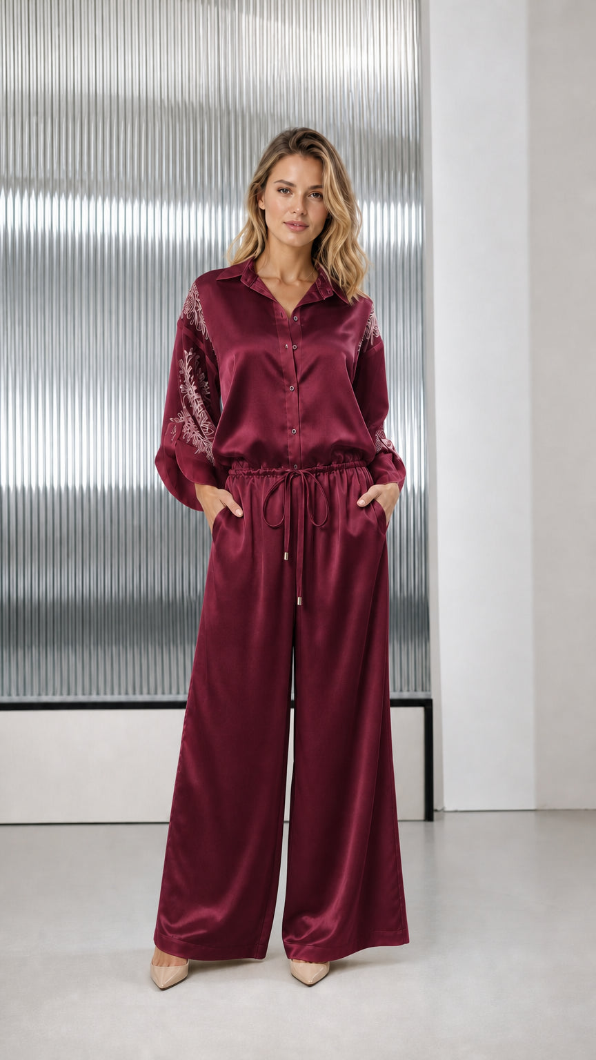 Burgundy wine satin wide-leg jumpsuit with embroidered sheer sleeves