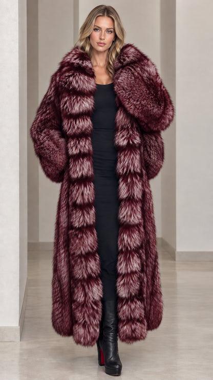 Full-length burgundy wine tipped faux fur maxi coat