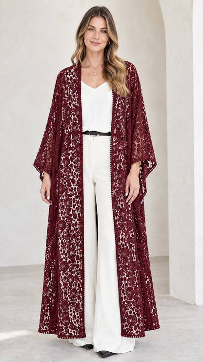 Model wearing rich burgundy wine floral lace maxi open-front duster