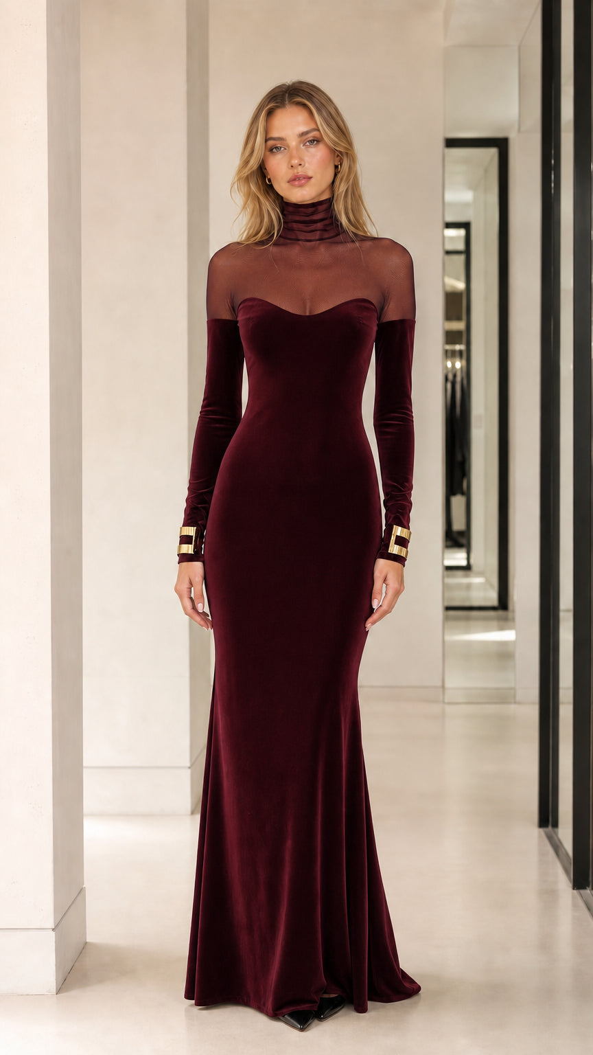 Burgundy wine velvet sheer yoke formal evening gown