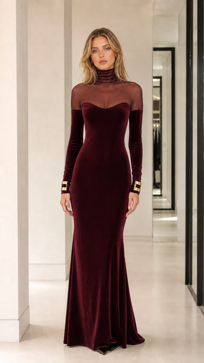 Burgundy wine velvet sheer yoke formal evening gown
