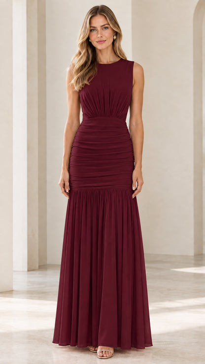 Burgundy wine sleeveless cowl back ruched pleated evening gown