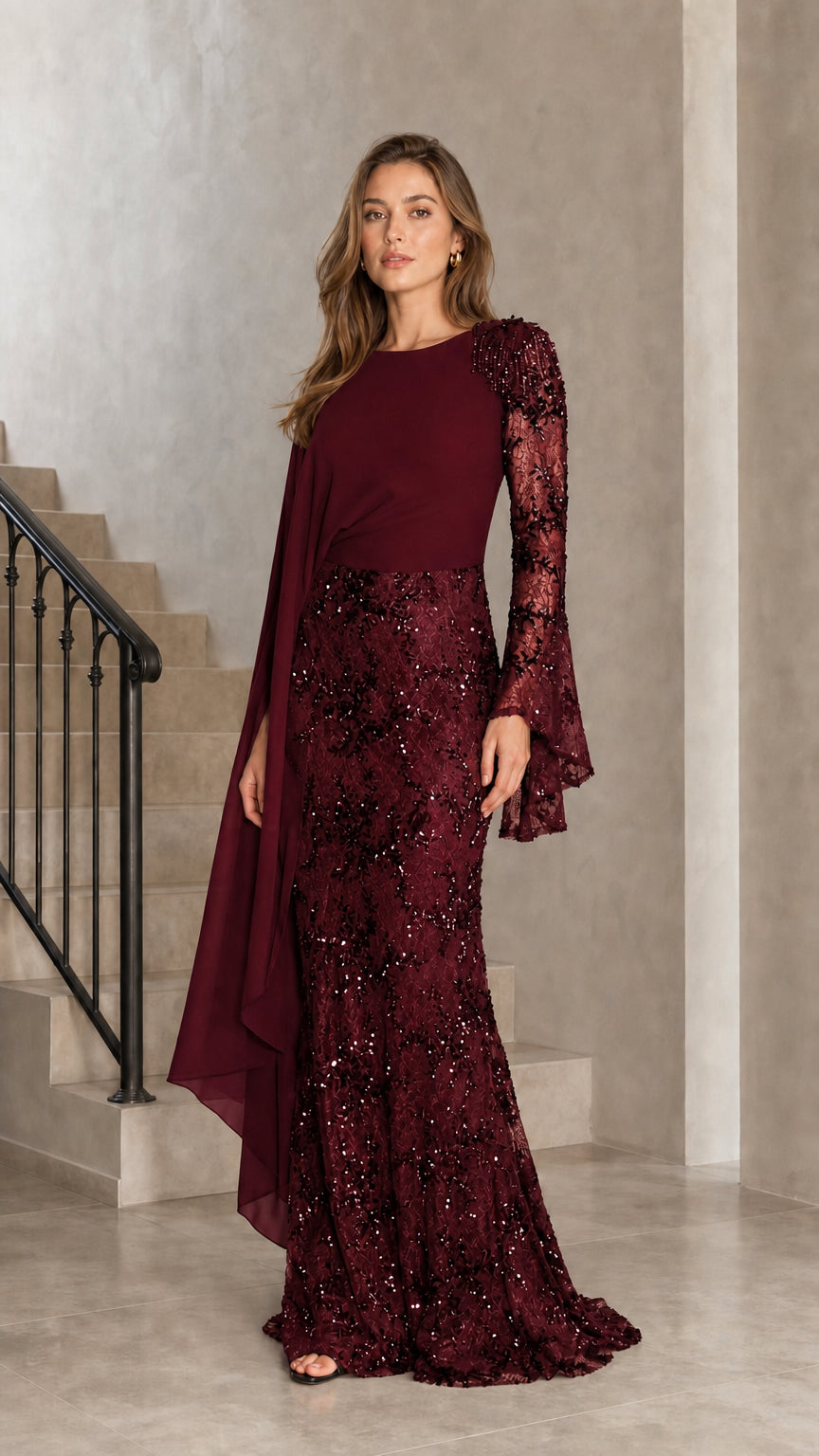Burgundy wine red cape sleeve sequin lace mermaid formal gown