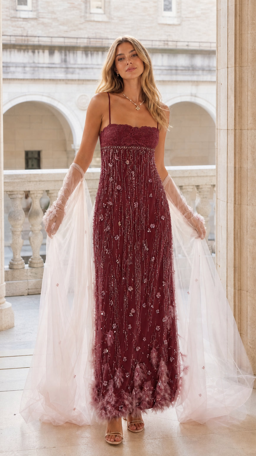 Front full view of burgundy wine red beaded evening dress