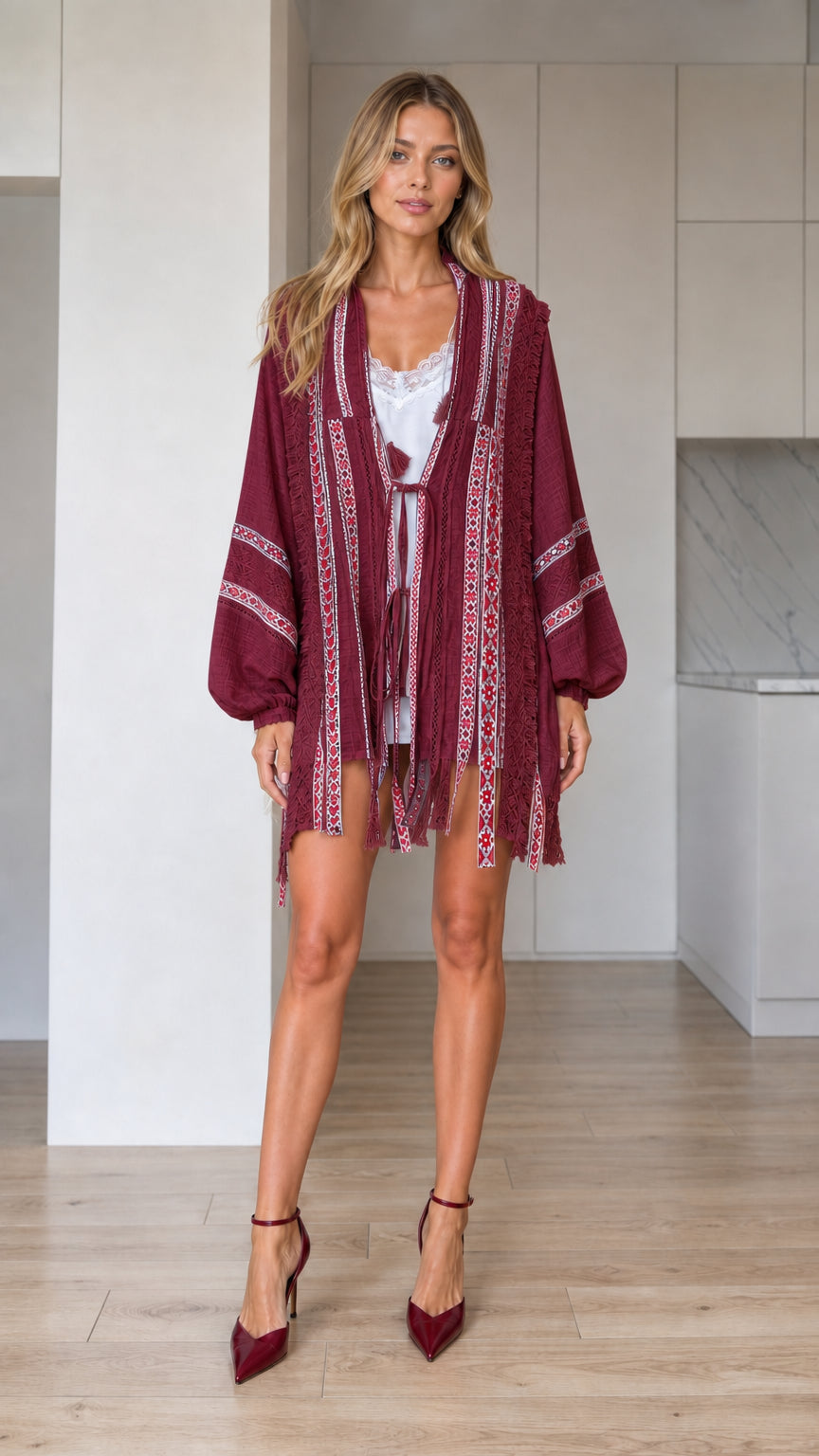 Front view of burgundy embroidered open-front boho kimono cardigan