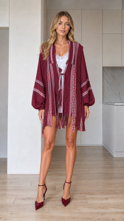 Front view of burgundy embroidered open-front boho kimono cardigan