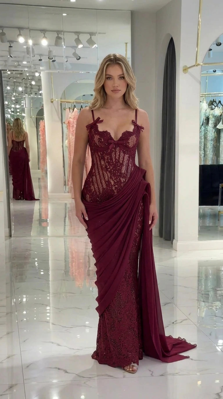 Front view of burgundy wine sequin lace formal evening dress