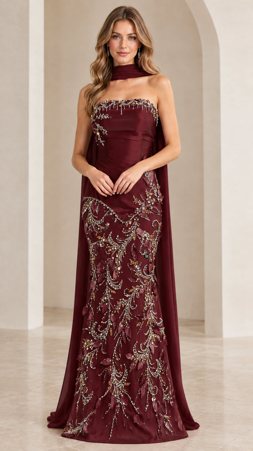 Full-length front view of strapless embroidered mermaid gown in rich burgundy
