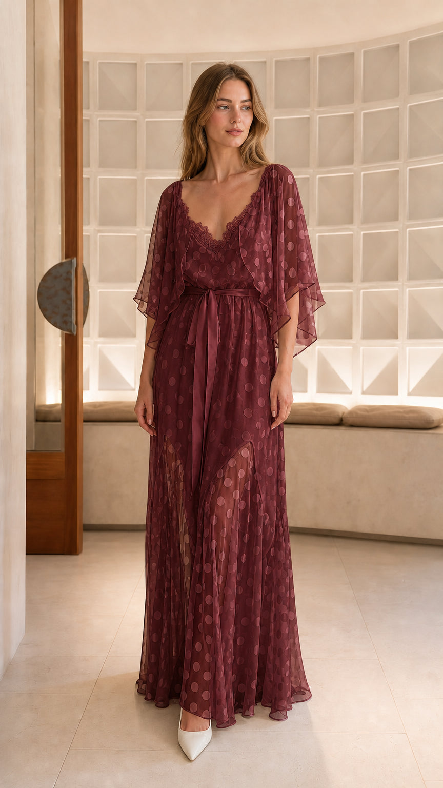 Model wearing burgundy wine polka dot lace trim maxi dress with waist tie