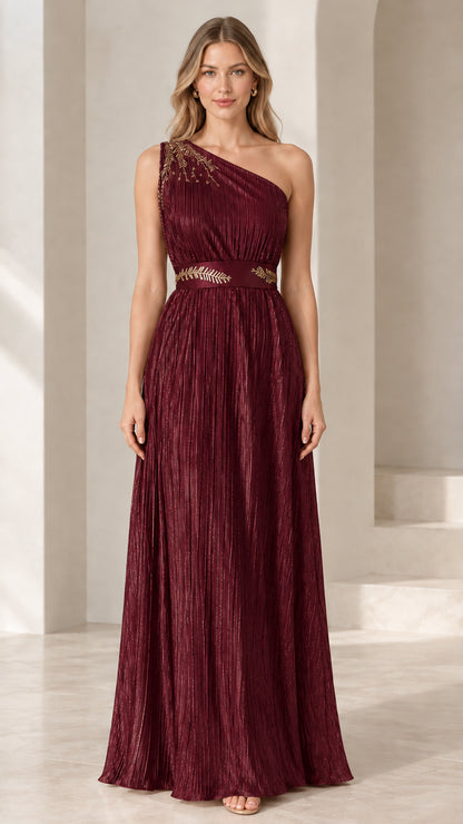 Front view of model wearing Burgundy one-shoulder pleated evening gown
