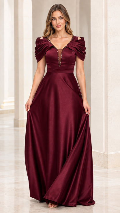 Front view of model wearing Burgundy beaded V-neck formal satin dress