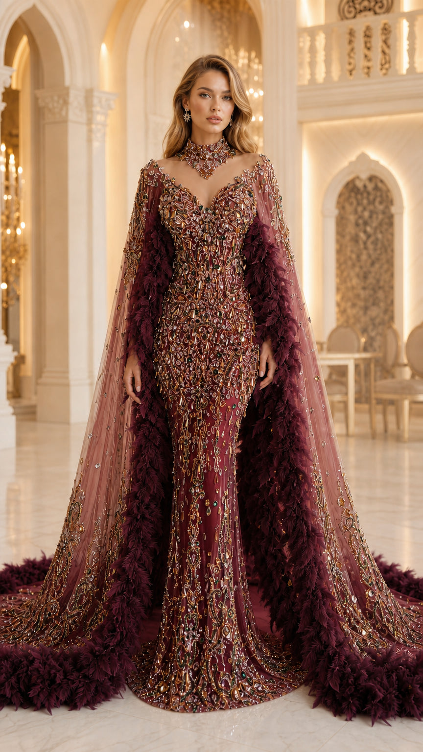 Burgundy wine embellished formal gown with matching feather-trimmed cape
