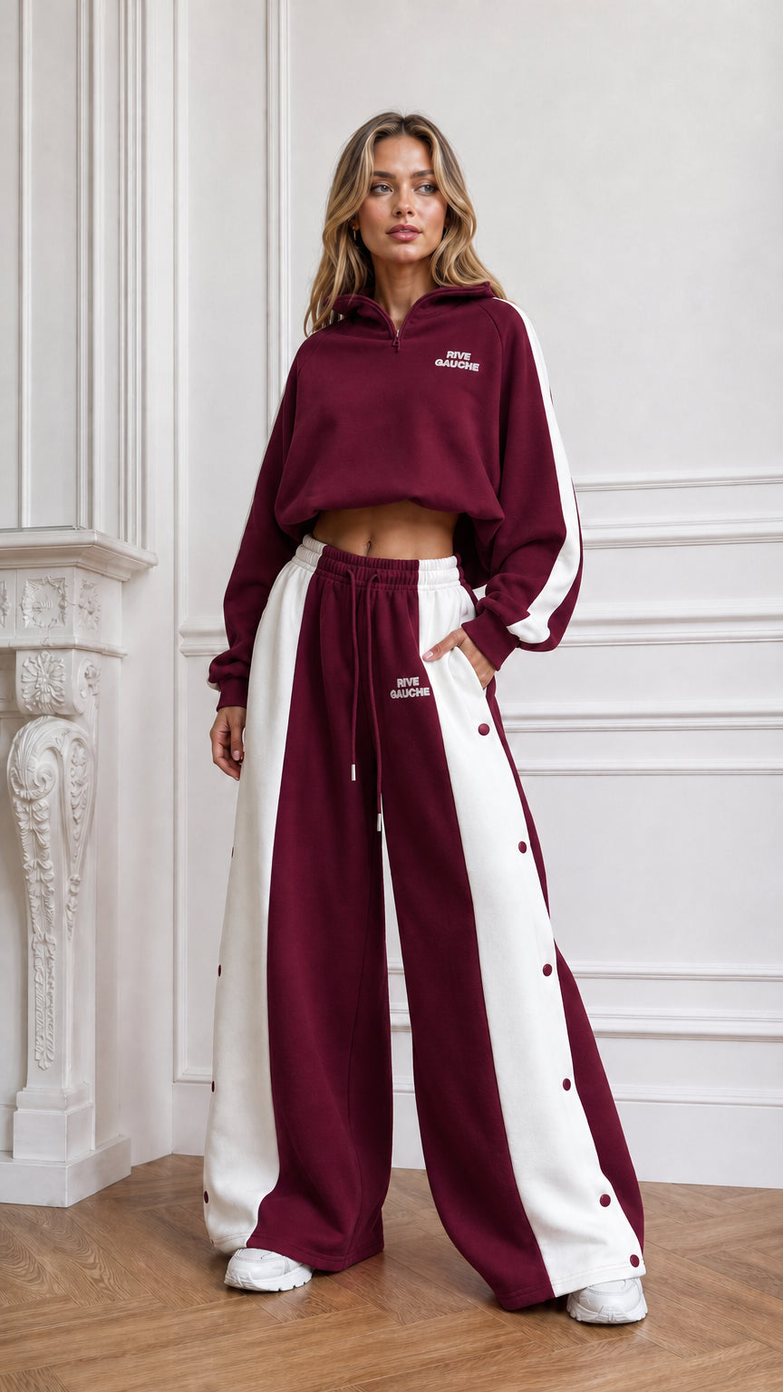 Burgundy wine red cropped hoodie and wide-leg side-snap track pants two-piece set