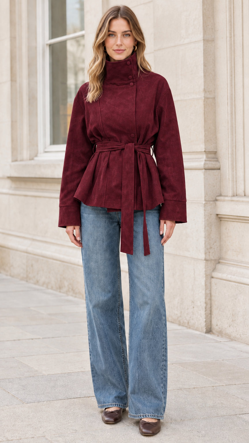 Full front view of model wearing burgundy red high neck belted faux suede jacket