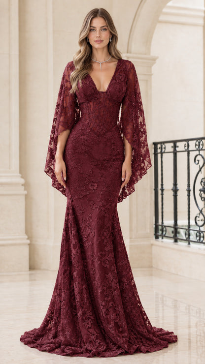 Front view of Burgundy wine red lace cape sleeve mermaid formal gown