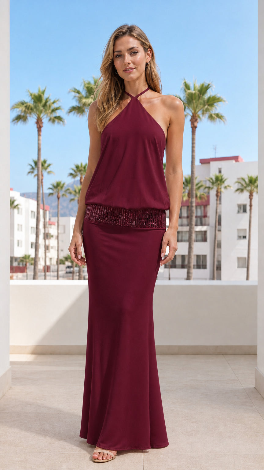 Model wearing Burgundy Halter Neck Sequin Waist Blouson Maxi Dress