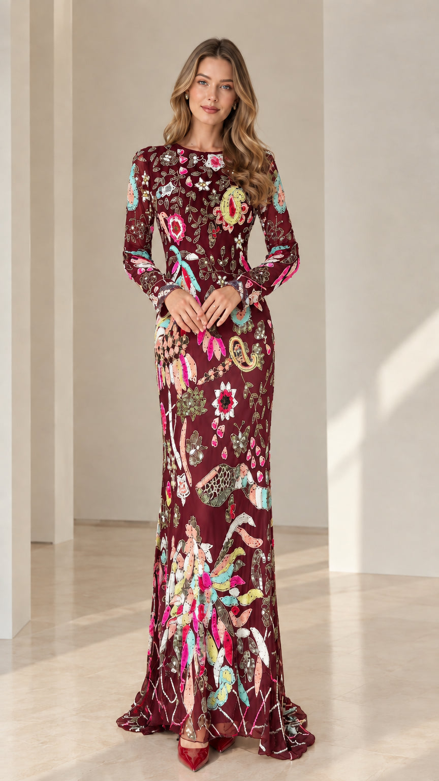 Burgundy wine floral sequin embellished long sleeve evening gown