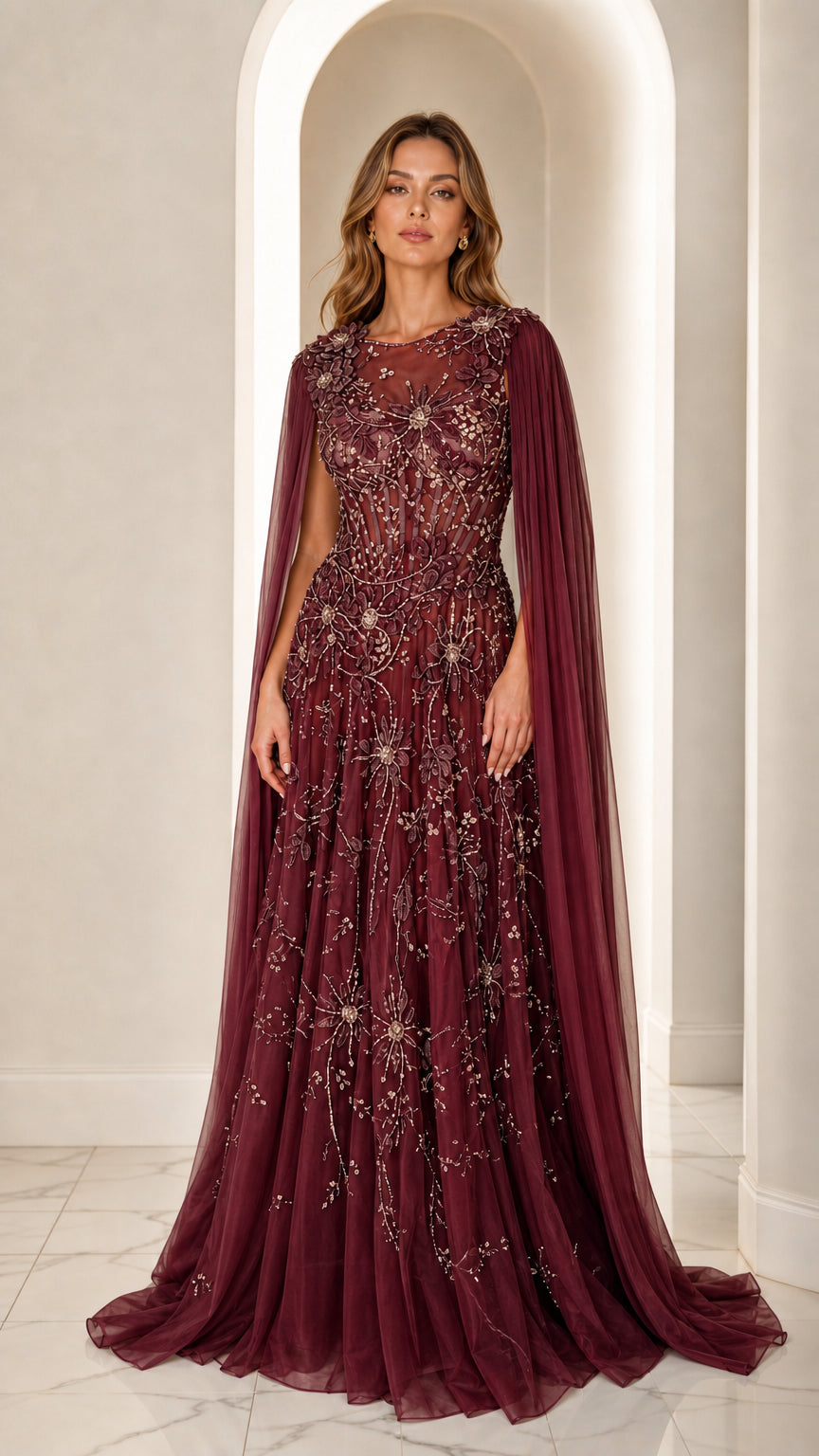 Burgundy wine red embellished formal gown with draped cape sleeves