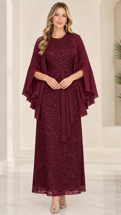 Burgundy wine sequined lace maxi dress with chiffon capelet set