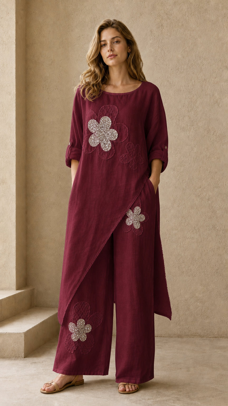 Burgundy wine red asymmetric tunic top and wide leg pants two piece set