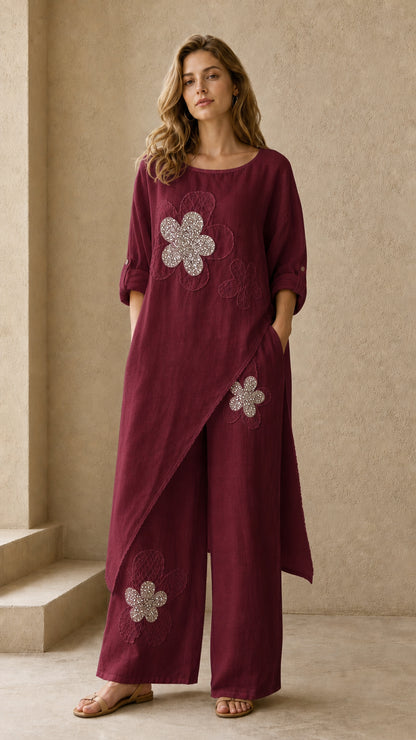Burgundy wine red asymmetric tunic top and wide leg pants two piece set