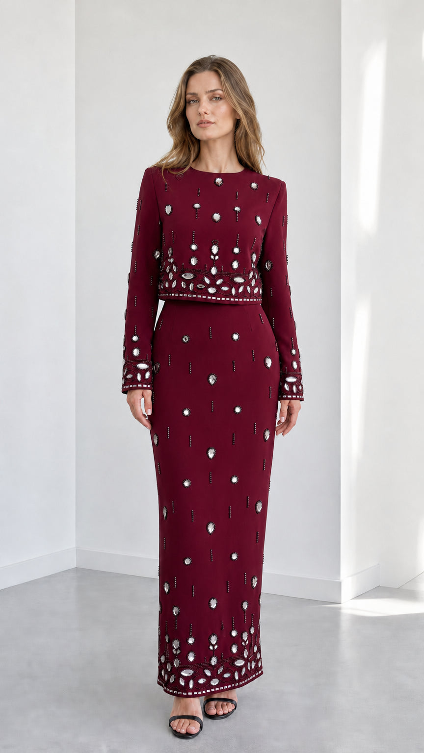 Burgundy wine red embellished long sleeve top and high-waisted maxi skirt set