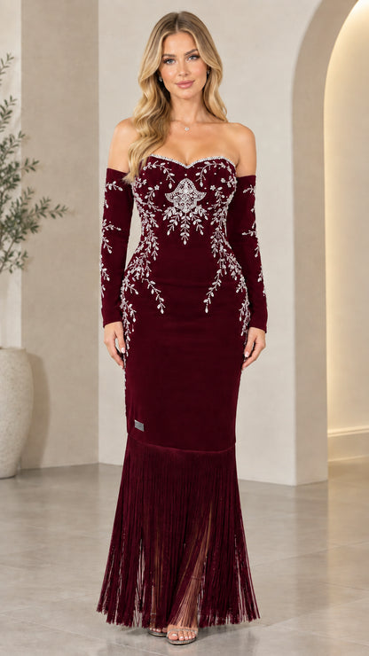 Burgundy wine off-the-shoulder crystal embellished evening gown with tassel fringe