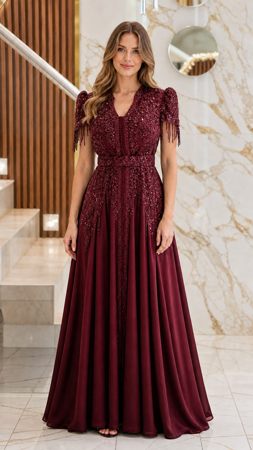 Full-length front view of model wearing the burgundy red beaded evening gown
