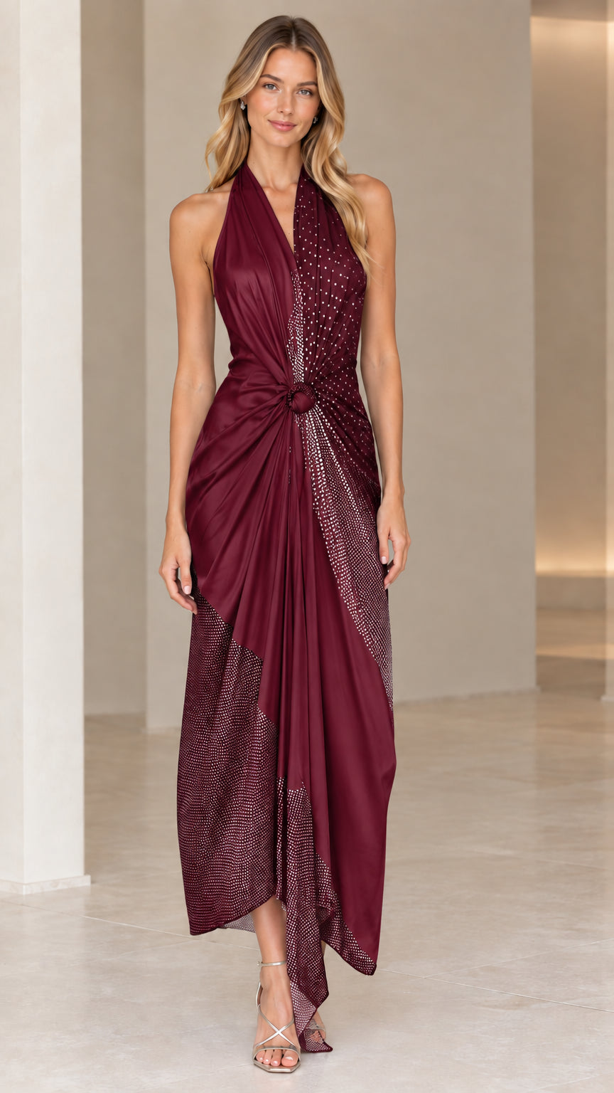 Front view of model wearing Burgundy tone-on-tone halter backless draped maxi dress