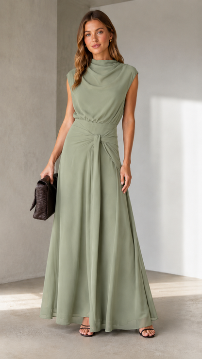 Front view of sage green draped mock neck sleeveless maxi dress with full-length skirt