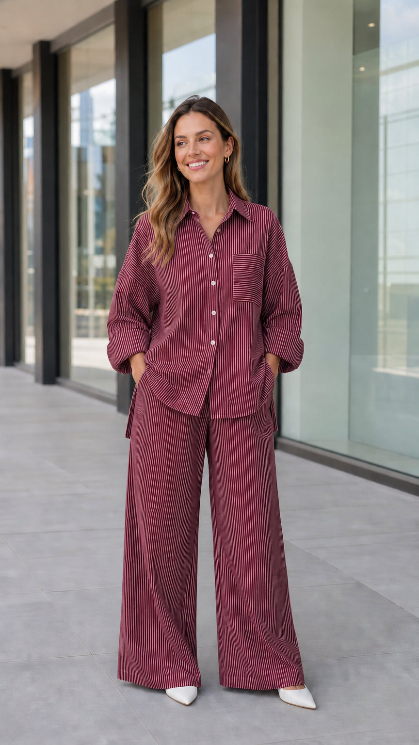 Full-length view of woman wearing burgundy wine striped two-piece matching set
