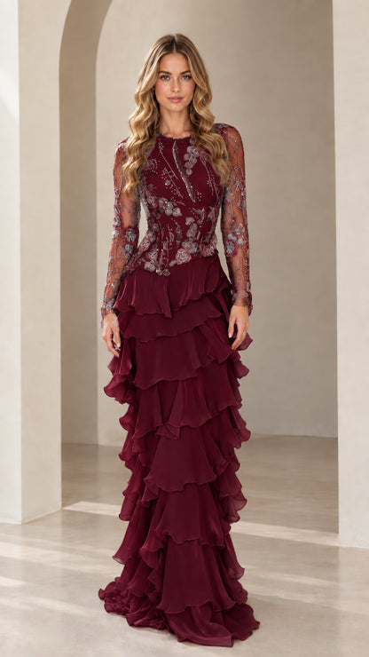 Front view of model wearing Burgundy wine embroidered tiered ruffle formal dress
