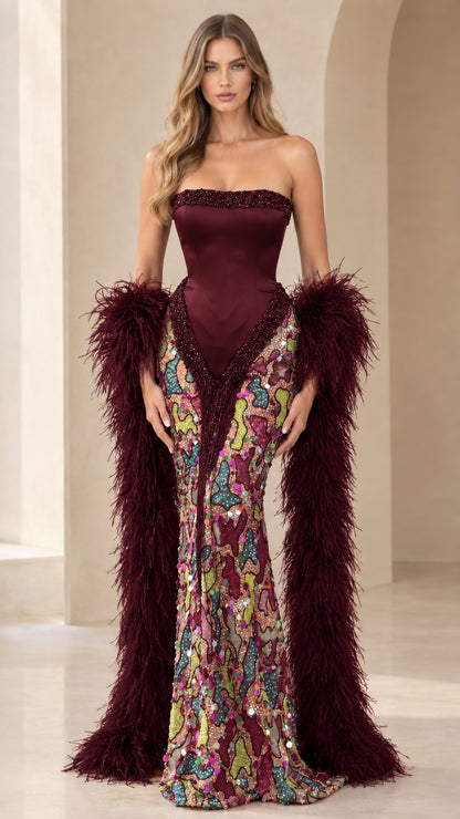 Burgundy strapless corset sequin evening gown with burgundy feather stole