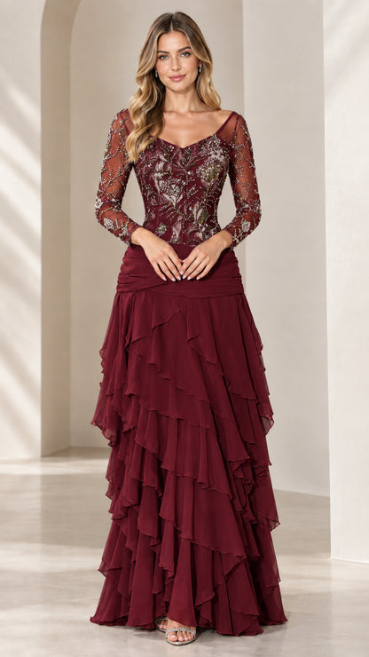 Front view of Burgundy long sleeve evening gown with embroidered illusion top