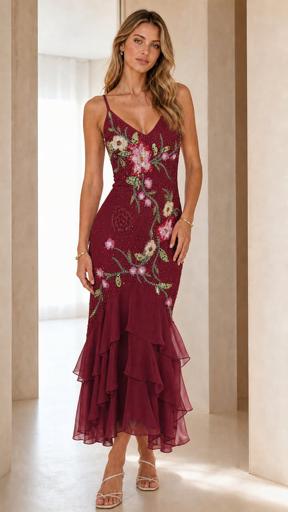 Burgundy wine floral embroidered beaded cocktail midi dress with tiered mermaid hem