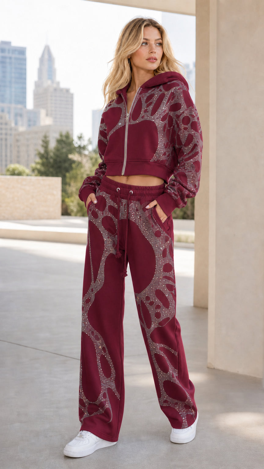 Front view of woman wearing Burgundy wine rhinestone cropped hoodie and wide-leg sweatpants set
