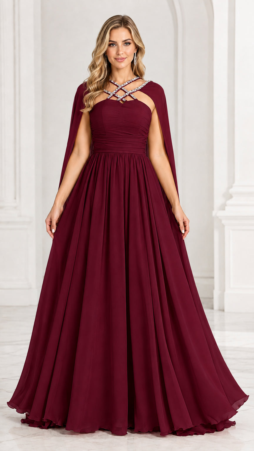 Burgundy wine formal chiffon gown with crystal crisscross straps and back cape