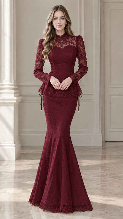 Full-length view of burgundy red long sleeve lace peplum mermaid formal dress